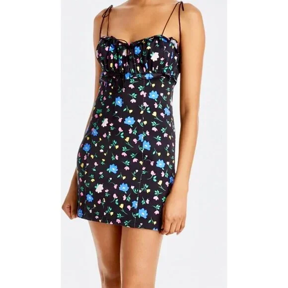 FOR LOVE & LEMONS - ROBIN RUCHED & RUFFLED BLACK FLORAL MINI DRESS NEW -SMALL - Picture 5 of 16